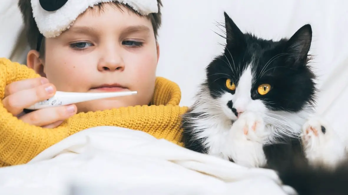 boy checking his temperature with a cat beside him.