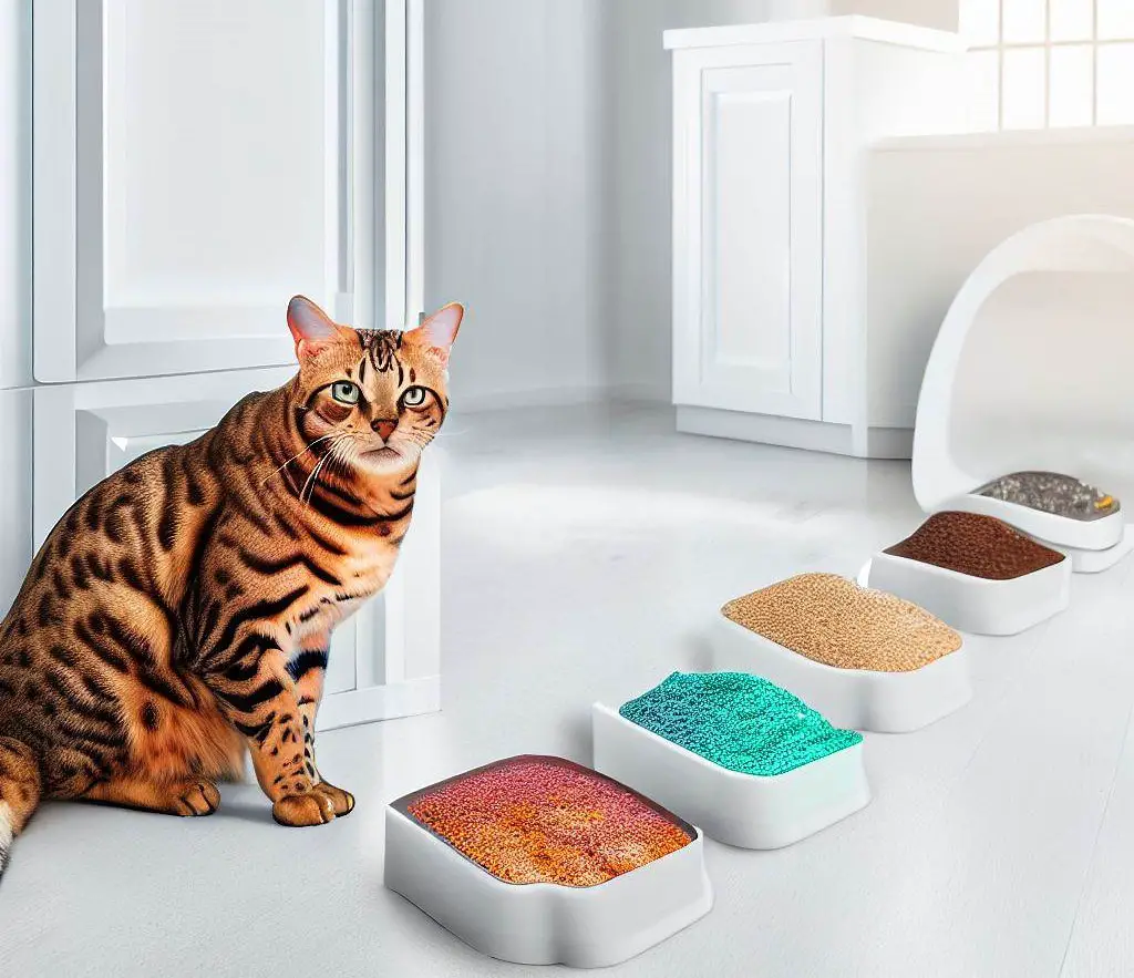 Bengal cat sitting in front of different litter boxes and litter