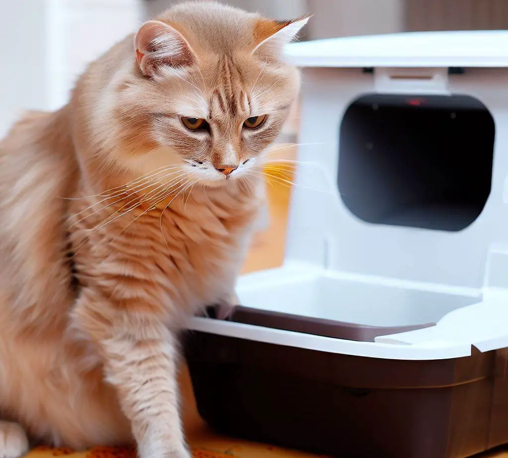 Cat confused where his poop went. Standing in front of an automatic litter box.