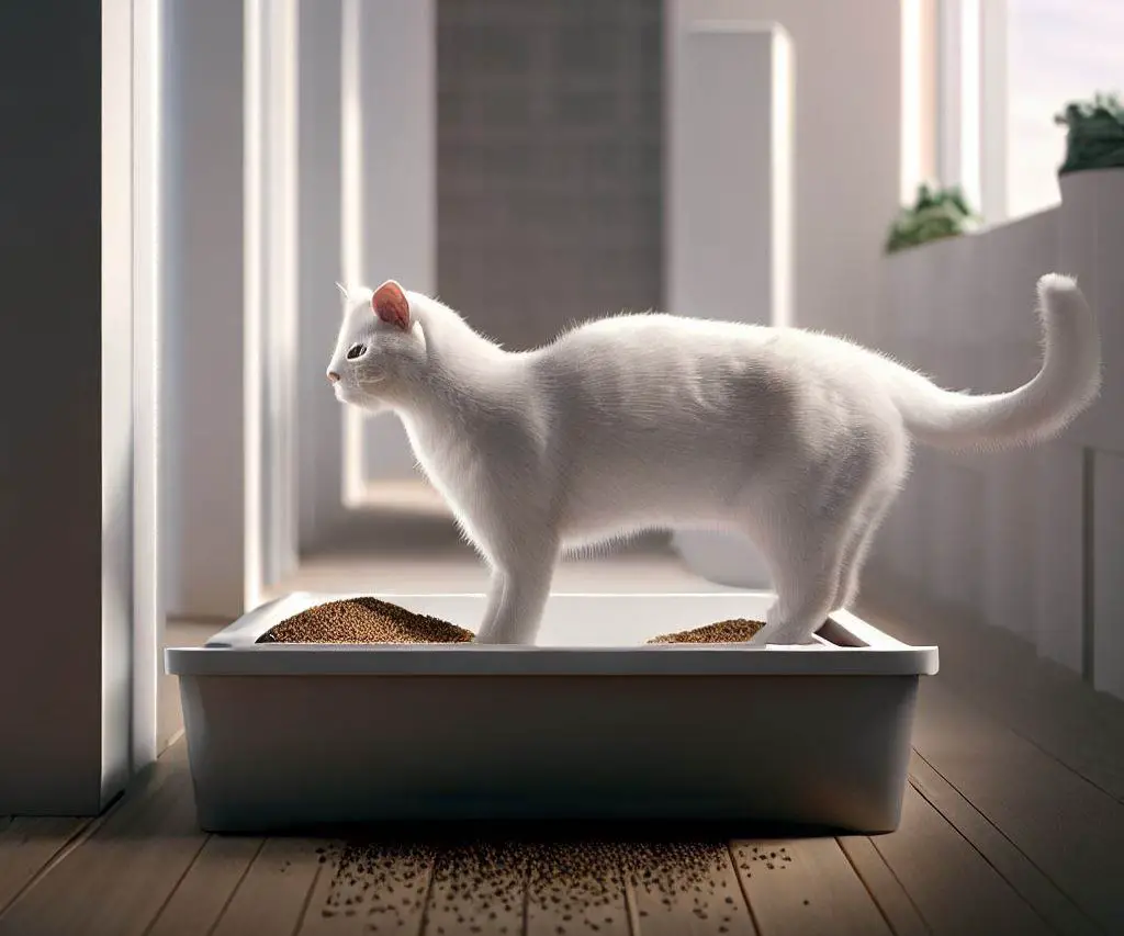 smaller cat in a litter box that is 1.5 times the size of the cat