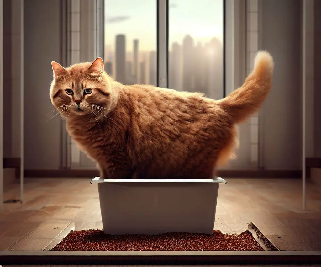 Fat cat in a small litter box.